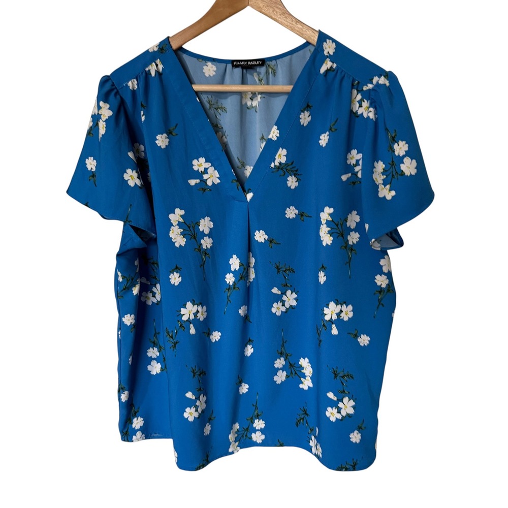Hilary Radley Floral V-Neck Blouse Women XL Blue Excellent Flutter Sleeve CU5517